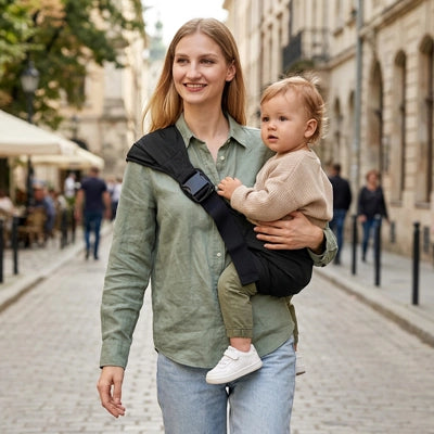 Maman portant son bébé dans une écharpe de portage citadin noire lors d’une promenade