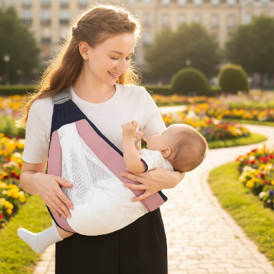 Maman souriante regarde son bébé joyeux dans une écharpe de portage frontal blanc à bandes roses, dans une allée de jardin fleuri coloré au coucher du soleil.
