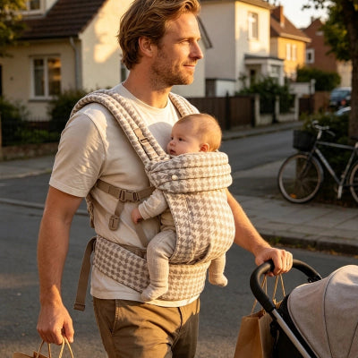 PORTE BEBE classique beige papa en promenade