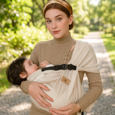 Maman en pull beige portant un enfant qui la regarde dans une écharpe de portage liberté beige au parc.