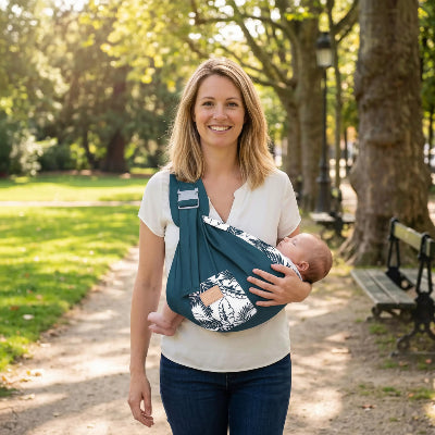 Echarpe de portage bleu bebe et maman au parc