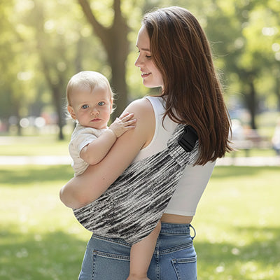 Echarpe de portage boheme grise bebe et maman balade au parc