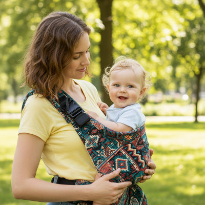 Écharpe de portage bohème légère - maman et bébé souriant