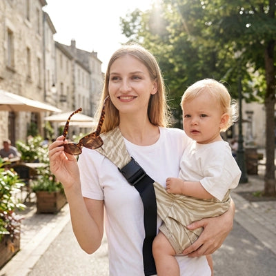 Maman portant son bébé dans une écharpe de portage citadin beige pendant une balade 