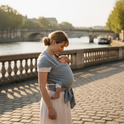 Echarpe de portage cocon grise pour bebe au bord de la Seine