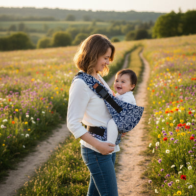 Maman se promenant dans un champ de fleurs avec bébé dans une écharpe de portage confort bleue