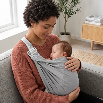 Maman aux cheveux courts et bouclés porte son bébé endormi dans une écharpe de portage Cozy grise, assise sur un canapé.