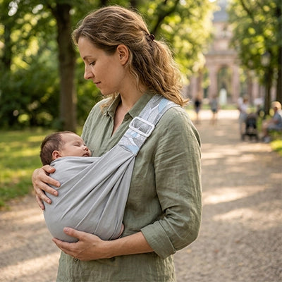 Maman porte son bébé blotti contre elle dans une écharpe de portage Cozy grise, pendant une promenade au parc.