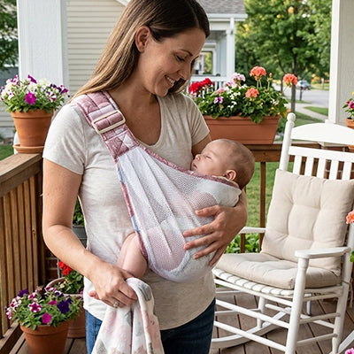 Maman porte son bébé dans une écharpe de portage Douillet rose sur le perron.