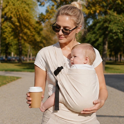 Maman porte son bébé avec une écharpe de portage fusion beige pendant une promenade.