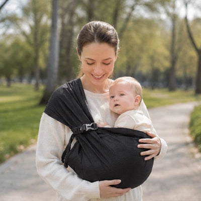 Maman se promène avec son bébé dans une écharpe de portage fusion noire.
