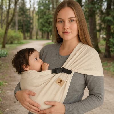 Maman en haut gris portant bébé dans une écharpe de portage liberté beige sur un chemin arboré.