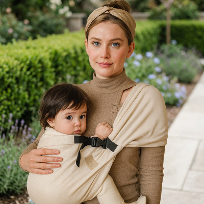 Maman avec un bandeau beige portant bébé dans une écharpe de portage liberté beige au jardin.