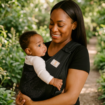 Maman souriante regardant bébé dans une écharpe de portage liberté noire sur un sentier verdoyant.
