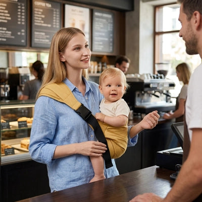 Maman fait une pause-café avec son bébé dans une écharpe de portage - urbain orange