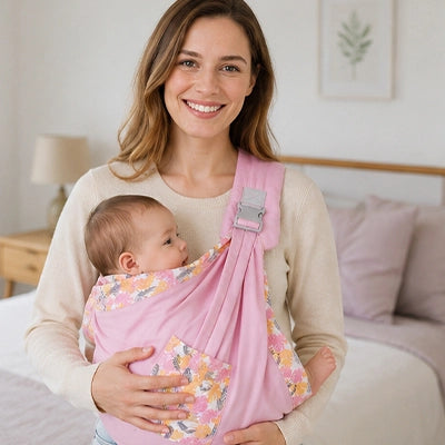 Maman porte son bébé dans une écharpe de portage Pastel rose dans une chambre.
