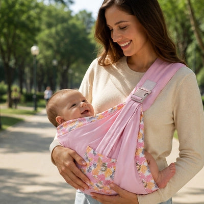Maman se promène avec son bébé dans une écharpe de portage Pastel rose.
