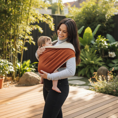 Echarpe de portage souple terracotta et creme pour bebe