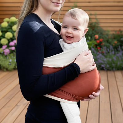Echarpe de portage souple terracotta et creme pour bebe