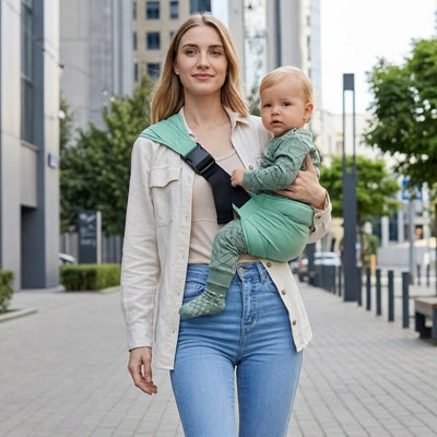 Maman se promène en ville avec son bébé dans une écharpe de portage - urbain verte 