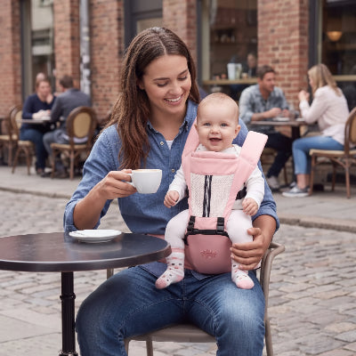 Maman en terrasse avec bébé dans un porte-bébé 3 en 1 rose