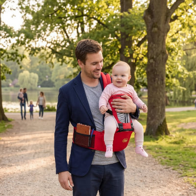 Papa au parc avec bébé dans un porte-bébé 3 en 1 rouge