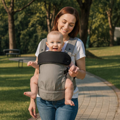 Maman au parc avec bebe en porte bebe physiologique gris