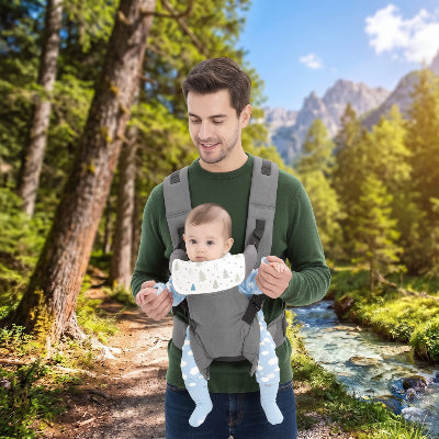 Papa portant son bébé dans un porte-bébé adaptable gris en forêt