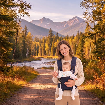 Maman au lac avec bebe en porte bebe adaptable bleu