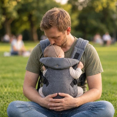 Papa assis sur la pelouse avec son bébé dans un porte-bébé - balade gris