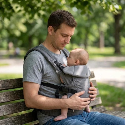 Papa se promène au parc avec son bébé dans un porte-bébé - balade gris