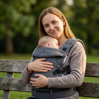 Maman assise sur un banc avec son bébé dans un porte-bébé - balade gris