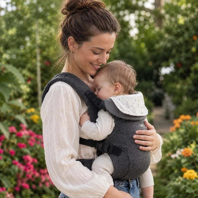 Maman se promène avec son bébé dans un porte-bébé - balade noir