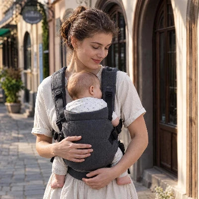 Maman porte son bébé en ville dans un porte-bébé - balade noir
