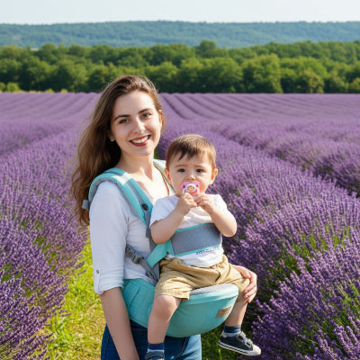 Maman en champ de lavande avec bebe en porte bebe confort vert