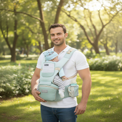 Papa au parc avec bebe en porte bebe ergonomique gris pale