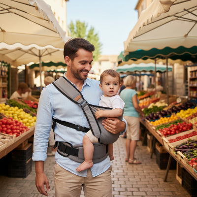 Porte bebe evolutif gris au papa marcher exterieur