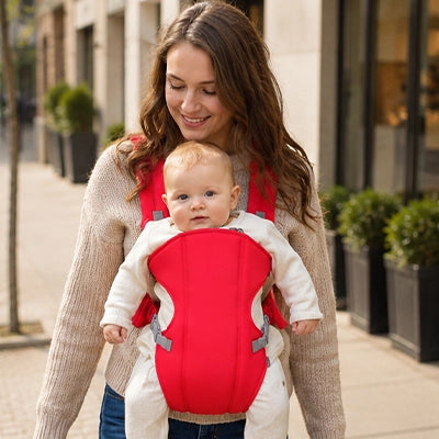 porte bébé kangourou rouge maman-promenade urbaine 