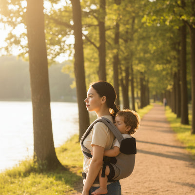 Maman au bord d'un lac avec bebe en porte bebe physiologique gris