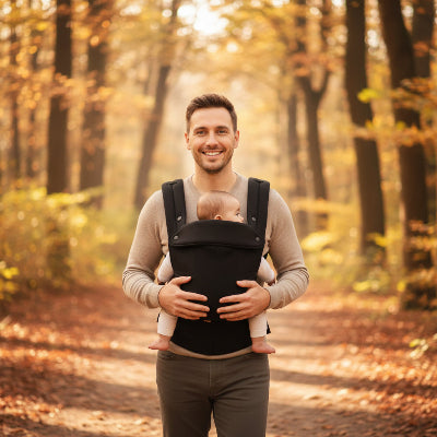 Papa en foret avec bebe en porte bebe physiologique noir