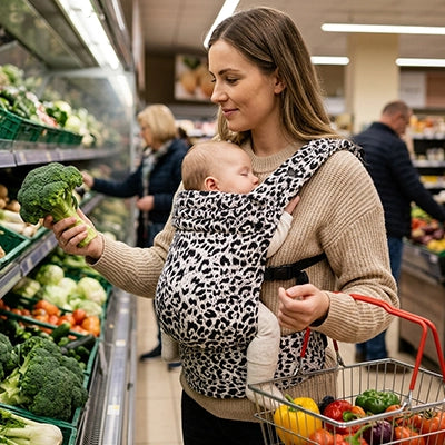 porte bebe portage beige maman fait les courses