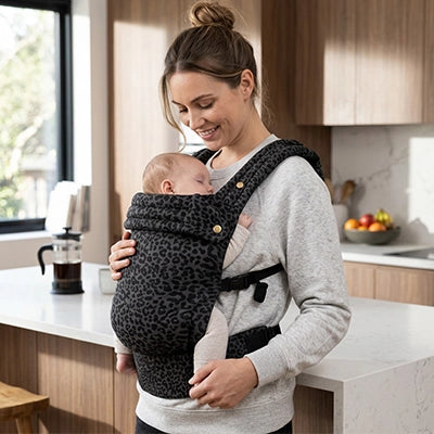 porte bebe portage noir maman dans cuisine