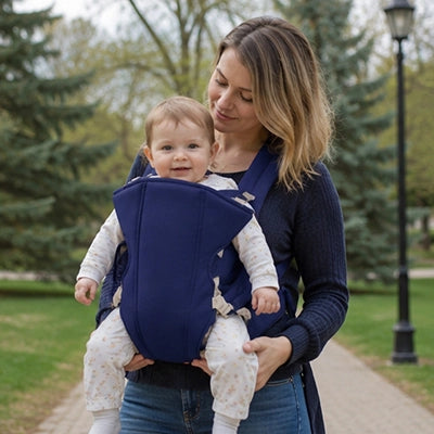Porte-bébé - quotidien bleu marine utilisé par maman pendant une promenade
