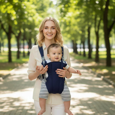 Maman au parc avec bebe en porte bebe ventral bleu