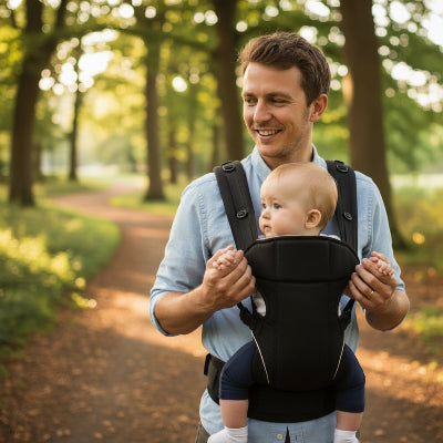 Papa en foret avec bebe en porte bebe ventral noir