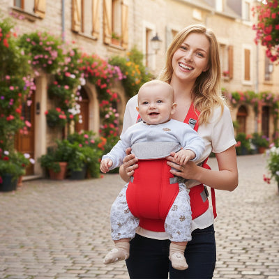 Maman en rue fleurie avec bebe en porte bebe ventral rouge